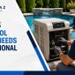 Professional technician inspecting an outdoor residential pool heater for repair