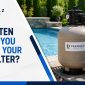 Residential swimming pool filter system beside a clear backyard pool
