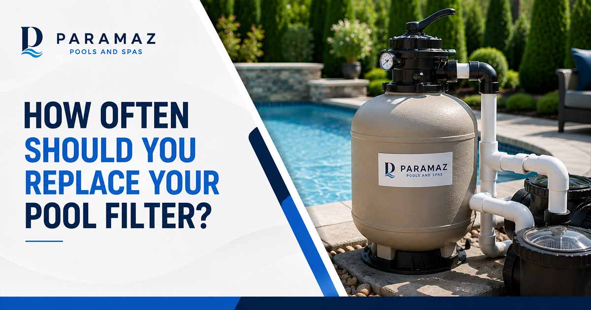 Residential swimming pool filter system beside a clear backyard pool