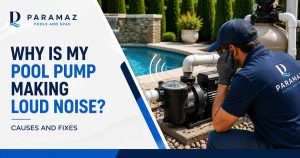 Pool technician listening to a noisy residential pool pump during inspection