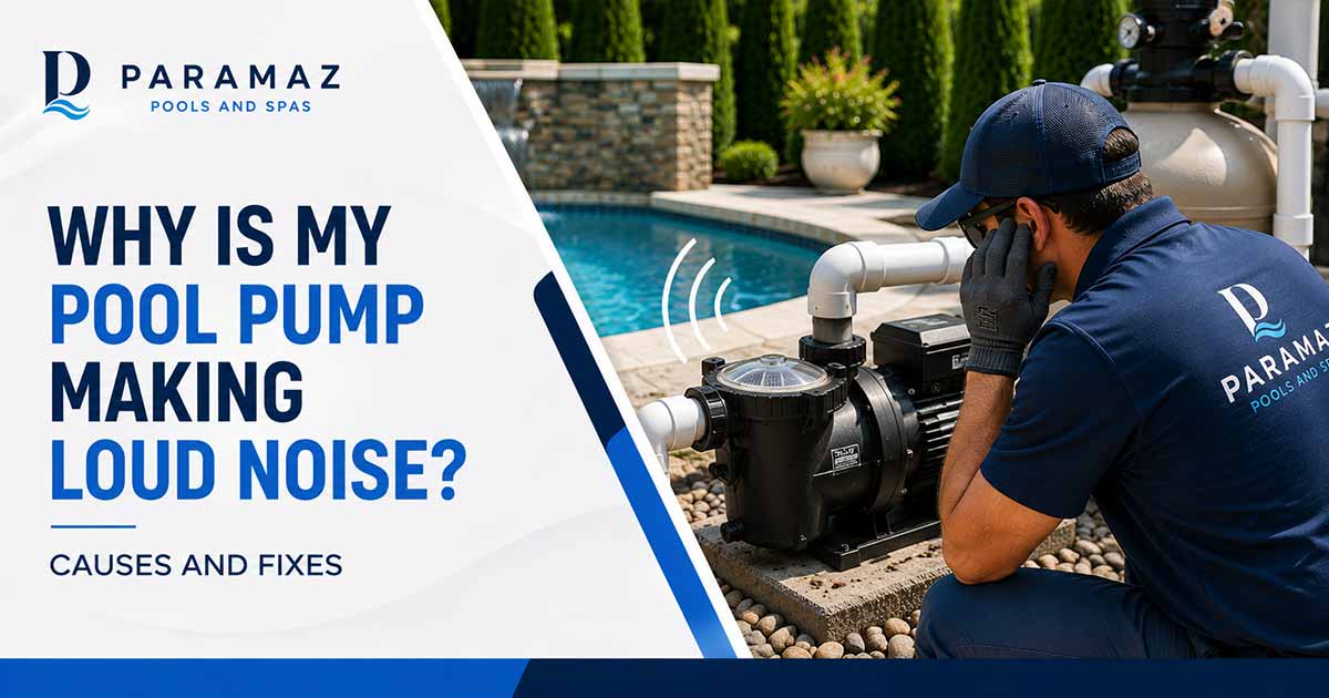 Pool technician listening to a noisy residential pool pump during inspection