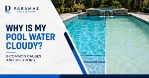 Clear and cloudy swimming pool water comparison showing water quality problems